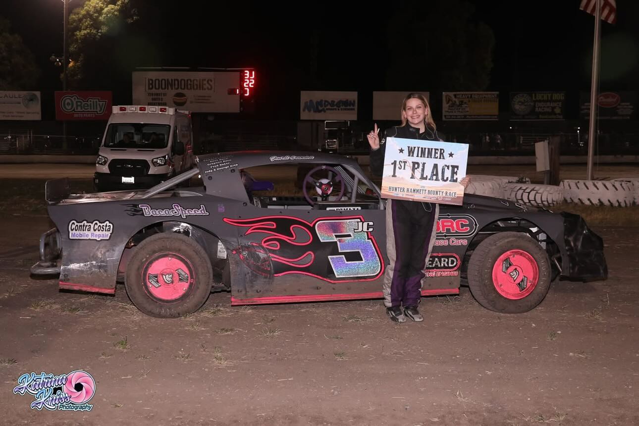 Jewell celebrating 1st place in victory lane
